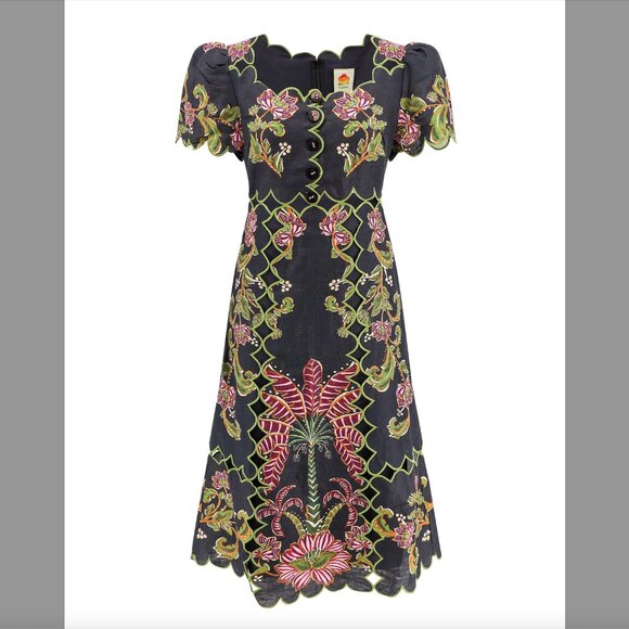 FARM Rio Black Ravenala Floral Embroidered Cut-Out Midi Dress, NWT 🇧🇷 - Picture 1 of 11